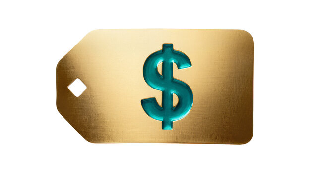 Shiny golden price tag with embossed teal dollar symbol, isolated on transparent background