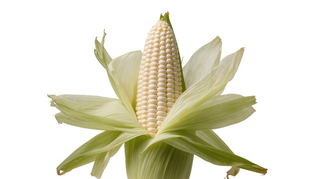 Fresh white corn cob with green husks, isolated on transparent background