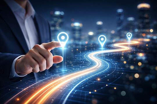 Businessman selecting glowing navigation marker beside futuristic digital roadway representing strategic direction innovation leadership smart technology business growth and transportation solutions