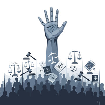 Justice Concept: Rising Hand With Legal Symbols and Crowd