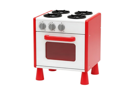 Colorful toy kitchen stove with oven and burners, ideal for children's imaginative play and cooking games.