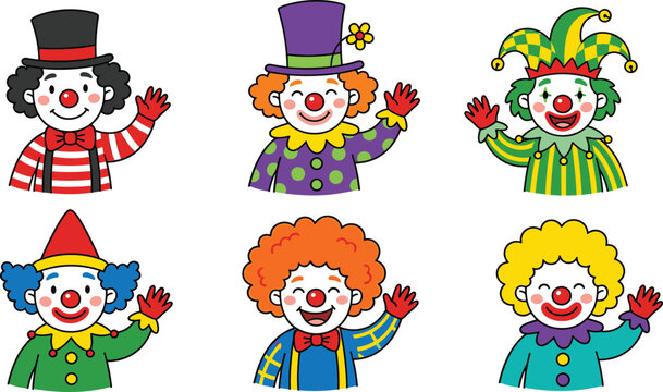 Cute cartoon clown character vector avatar collection featuring friendly circus performers waving hands wearing different colorful hats wigs costumes and jester outfit