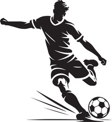 Dynamic soccer player silhouette kicking ball, professional football athlete in action pose, black and white sports vector illustration for logo © Shaiq