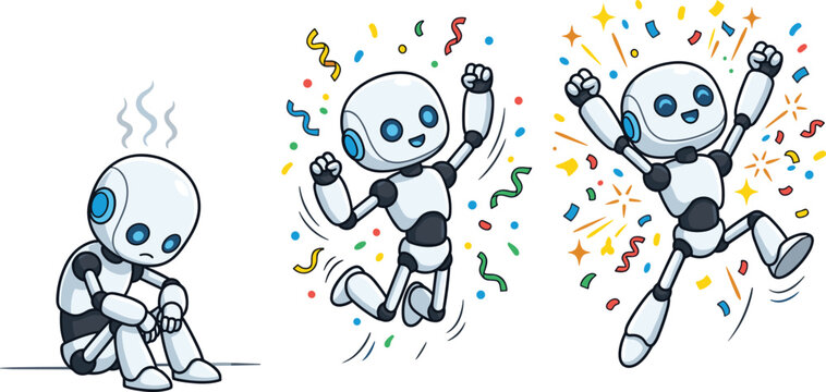 Cute cartoon robot vector character set showing sad broken emotion and happy jumping success celebration poses with colorful confetti explosion illustration design