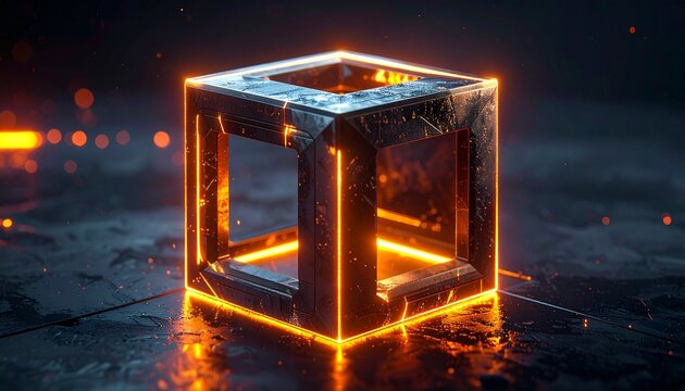 Futuristic glowing polyhedra with metallic surfaces and orange illuminated edges, symbolizing abstract technology, advanced design, and digital visualization.
