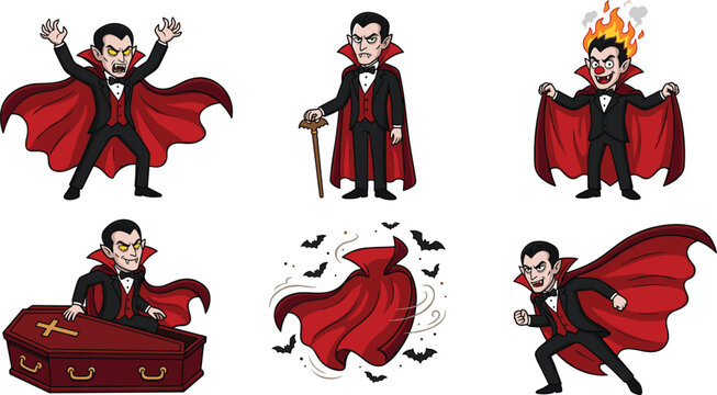 Spooky cartoon count dracula vampire vector character set showing halloween poses rising from coffin cape transforming into bats head on fire cane illustration