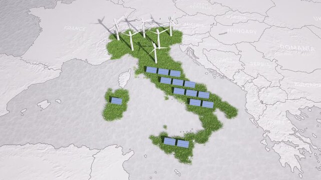 Animated map of Italy showing wind turbines and solar panels emerging from the green ground. 3D animation.