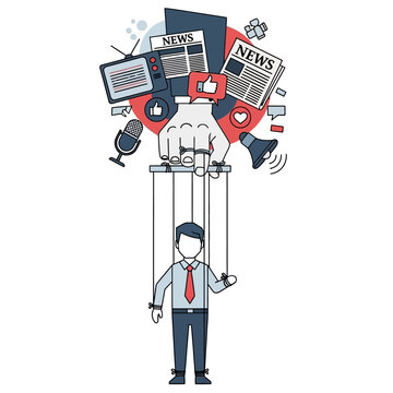 Media control concept: puppet controlled by news and technology elements