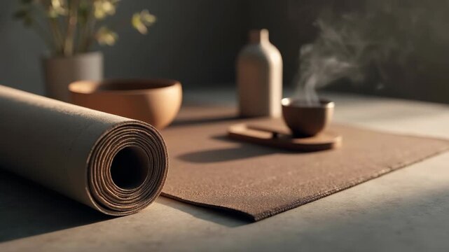 A wellness brand scene with yoga mat texture, calm breathing implied, subtle incense scent 
