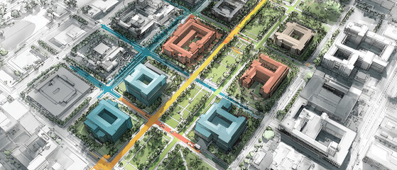 Fototapeta premium Aerial Urban Campus Zoning Plan — Color-Coded Pedestrian Circulation Diagram