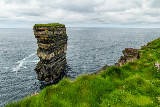 Dun Briste sea stack at Downpatrick Head, County Mayo, Ireland. Dramatic Atlantic cliffs, wildflowers and layered rock on the Wild Atlantic Way.