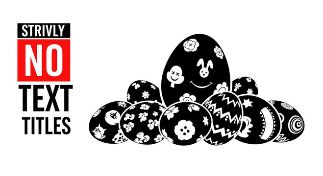 Decorated black and white Easter eggs with playful patterns and faces