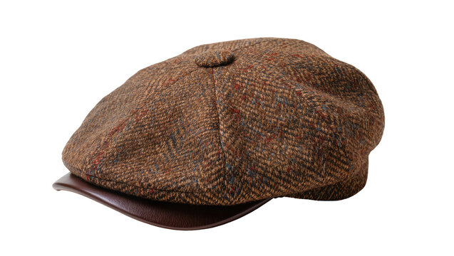 Brown tweed flat cap with leather brim, isolated on transparent background