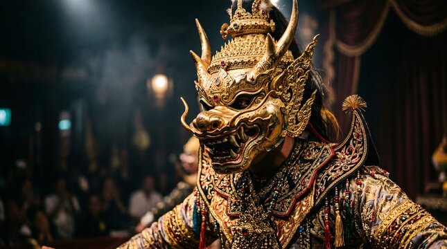 Dramatic Close-Up of Traditional Thai Khon Golden Demon Mask in Theatrical Lighting