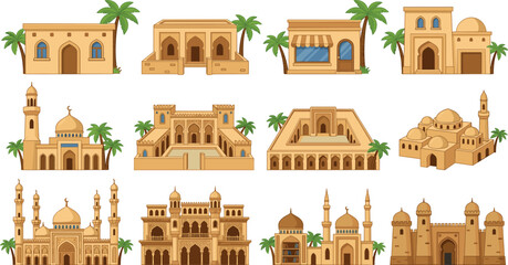 Arabic traditional building vector collection featuring desert houses middle eastern architecture mosque domes minarets mud brick fortresses and palm trees for islamic designs. © MdMahfizur