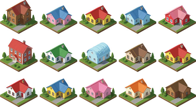 Isometric house architecture icon set featuring suburban family cottages residential buildings property blocks yards green lawns and colorful roofs vectors for real estate development maps.
