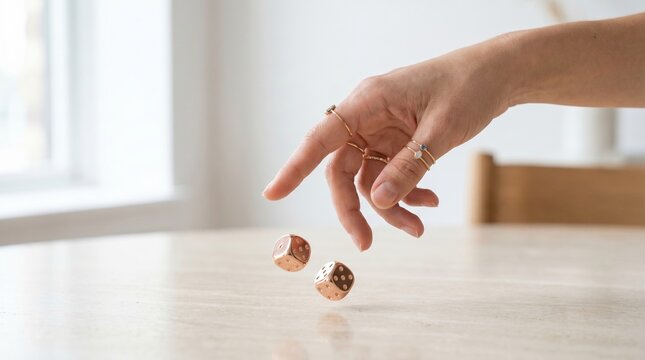 Close up of a hand dropping two geometric dice onto a light-colored table with gambling probability decision movement