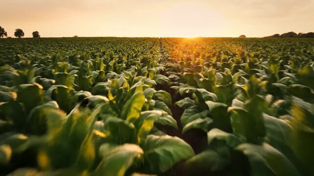 A sunlit field of cultivated crops. Lush green leaves extend to the horizon with a golden sunset