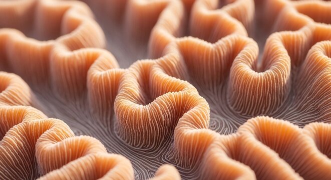 Close up macro view of intricate coral polyp structures in warm orange hues.