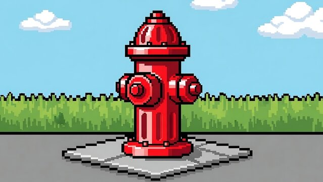 Pixel art red fire hydrant outdoors.