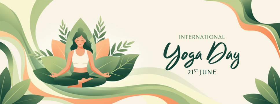  International Yoga Day Banner with Woman Meditation and Nature Leaves Illustration