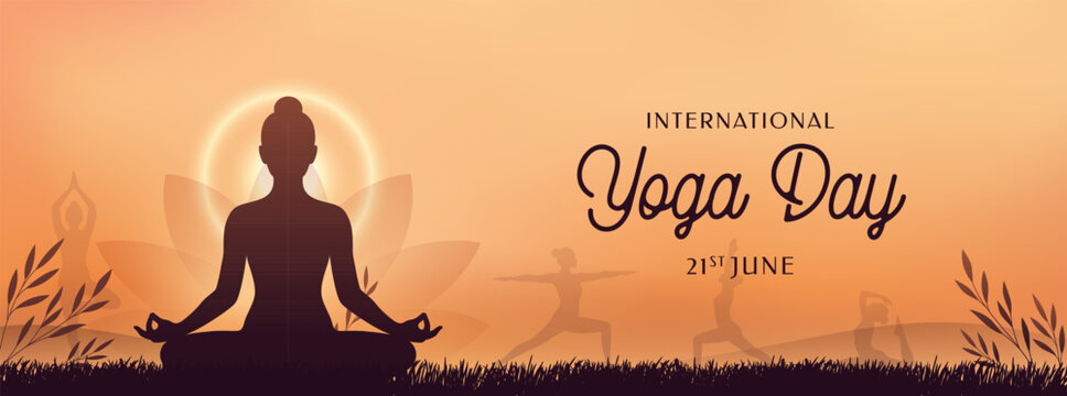 International Yoga Day Wide Banner with Meditation Silhouette and Sunset Background