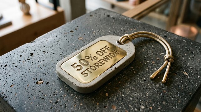 50% off storewide discount tag on stone surface with price tag hanging tag discount percentage promotion shopping