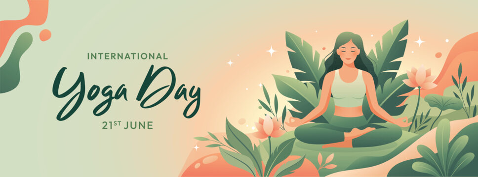 International Yoga Day Nature Banner with Woman Meditation and Lotus Flowers