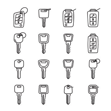 Collection of modern car keys with remote fobs in a clean outline style for automotive themes