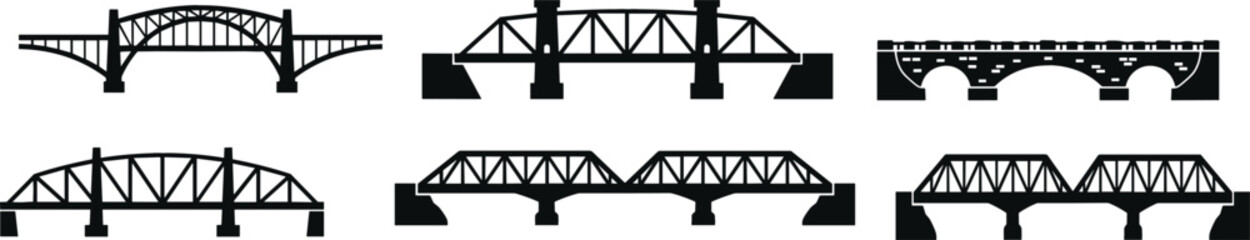 Fototapeta premium Bridge silhouette collection with arch truss and stone crossing structures vector illustration set