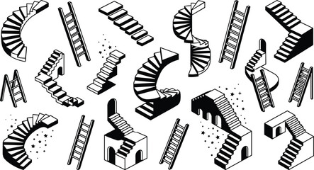 Isometric staircase and ladder architectural collection featuring spiral stairs optical illusion steps doorways geometric paths and monochrome structural graphics vectors for career growth concepts. © MdMahfizur