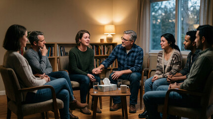 Fototapeta premium Diverse support group talking during evening community counseling session