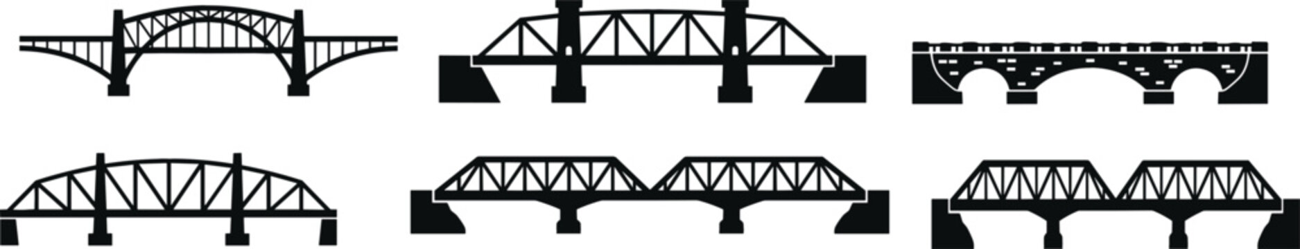 Bridge silhouette collection with arch truss and stone crossing structures vector illustration set