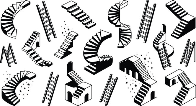 Isometric staircase and ladder architectural collection featuring spiral stairs optical illusion steps doorways geometric paths and monochrome structural graphics vectors for career growth concepts.