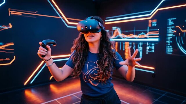 Woman wearing VR headset interacts with futuristic digital interface and controllers