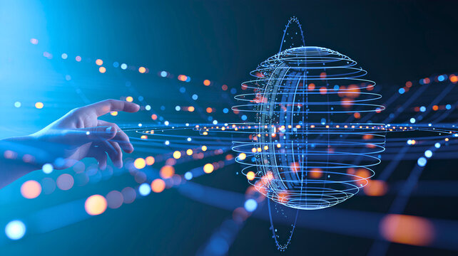 Human hand interacting with a futuristic global data network, symbolizing advanced innovation, digital transformation, and the interconnectedness of information technology in a rapidly evolving world
