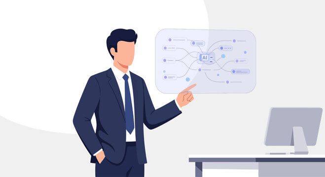 Businessman pointing at AI flowchart on screen, business presentation, technology concept