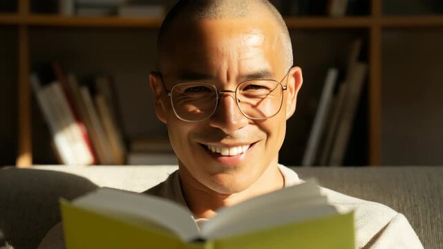 Man smiling while reading book on sofa in living room at home