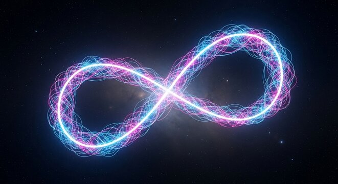 Infinity symbol glowing neon light trails in dark cosmic space