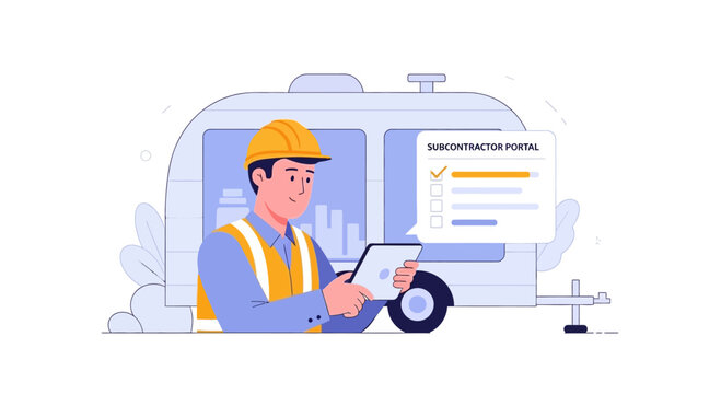 Construction worker using tablet near trailer, checking subcontractor portal checklist