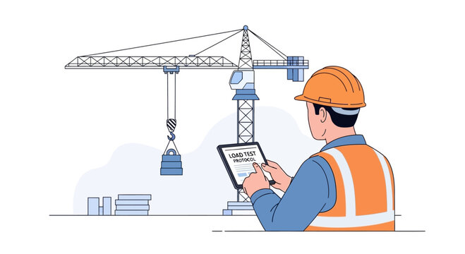 Construction worker with tablet near crane, load test inspection