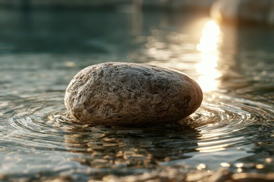 A single smooth grey stone resting in rippling clear water with golden sunlight reflecting on the surface.