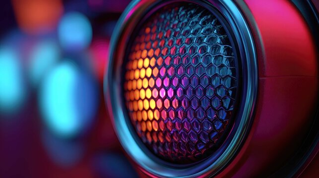 Close-up of a Colorful Speaker Grill with Vibrant Neon Lights Highlighting the Hexagonal Structure and Textures