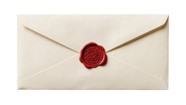 Cream envelope sealed with red wax stamp, isolated on transparent background