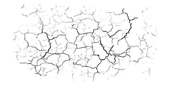 Surface cracks and fissures in ground, concrete, crevices from disaster top view. Breaks on land surface from earthquake isolated on white background. Broken ground, wall, glass pattern effect. Damage