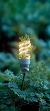 Eco-friendly light bulb with green leaves symbolizing renewable energy and sustainability