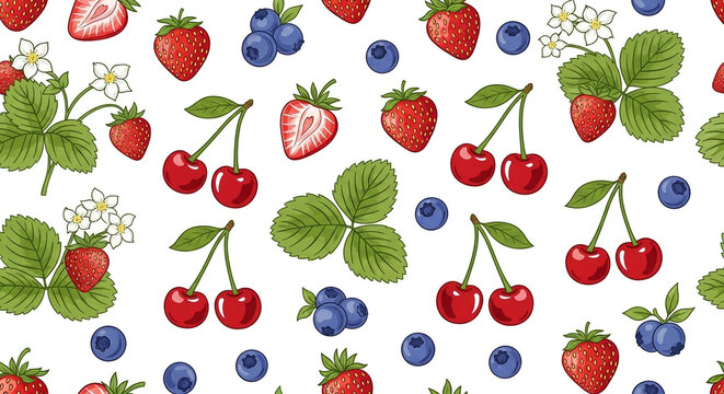 Seamless pattern of strawberries, blueberries, and leaves on white background