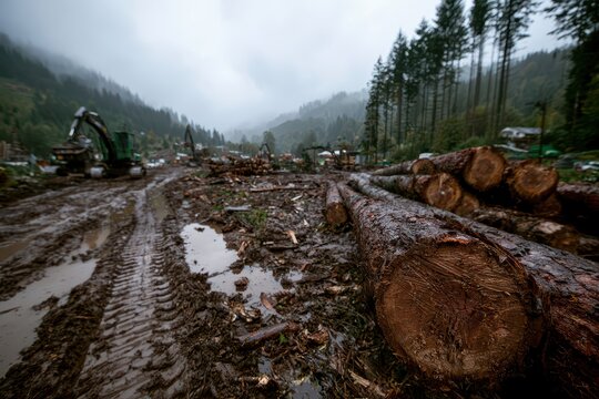 Heavy machinery and felled trees in a muddy, overcast forest logging operation.