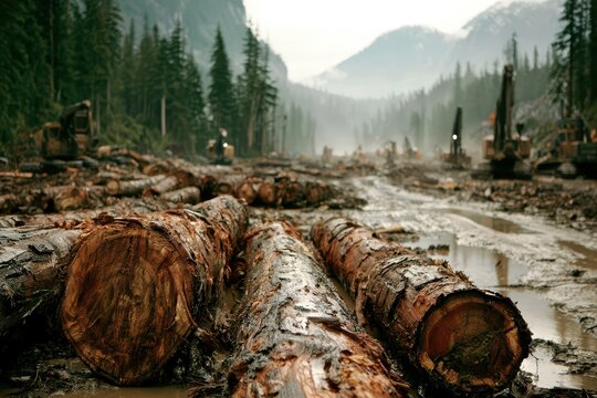 Forestry industry scene with heavy machinery and felled logs in a muddy, mountainous landscape.