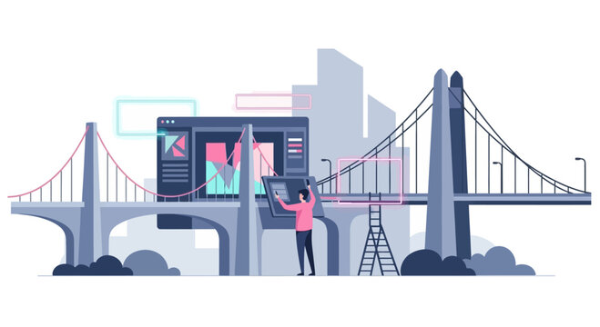 Digital bridge construction: designer building futuristic city infrastructure with data visualization